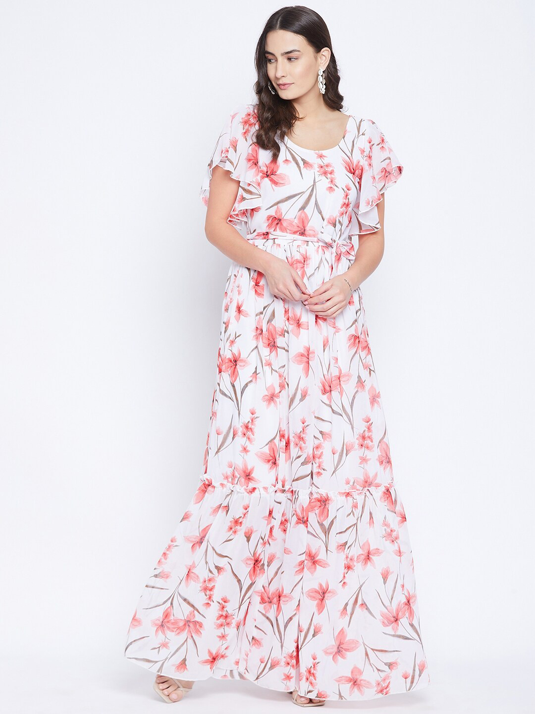 Bitterlime White & Pink Floral Georgette Maxi Dress