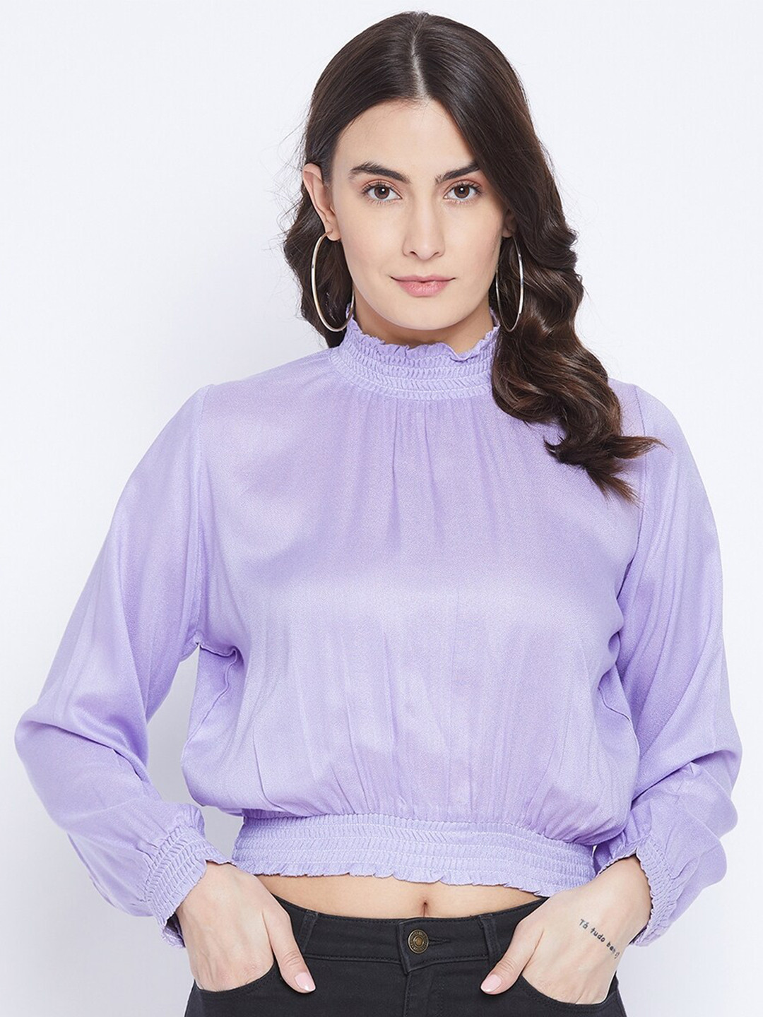 Bitterlime Lavender High Neck Smocked Blouson Top