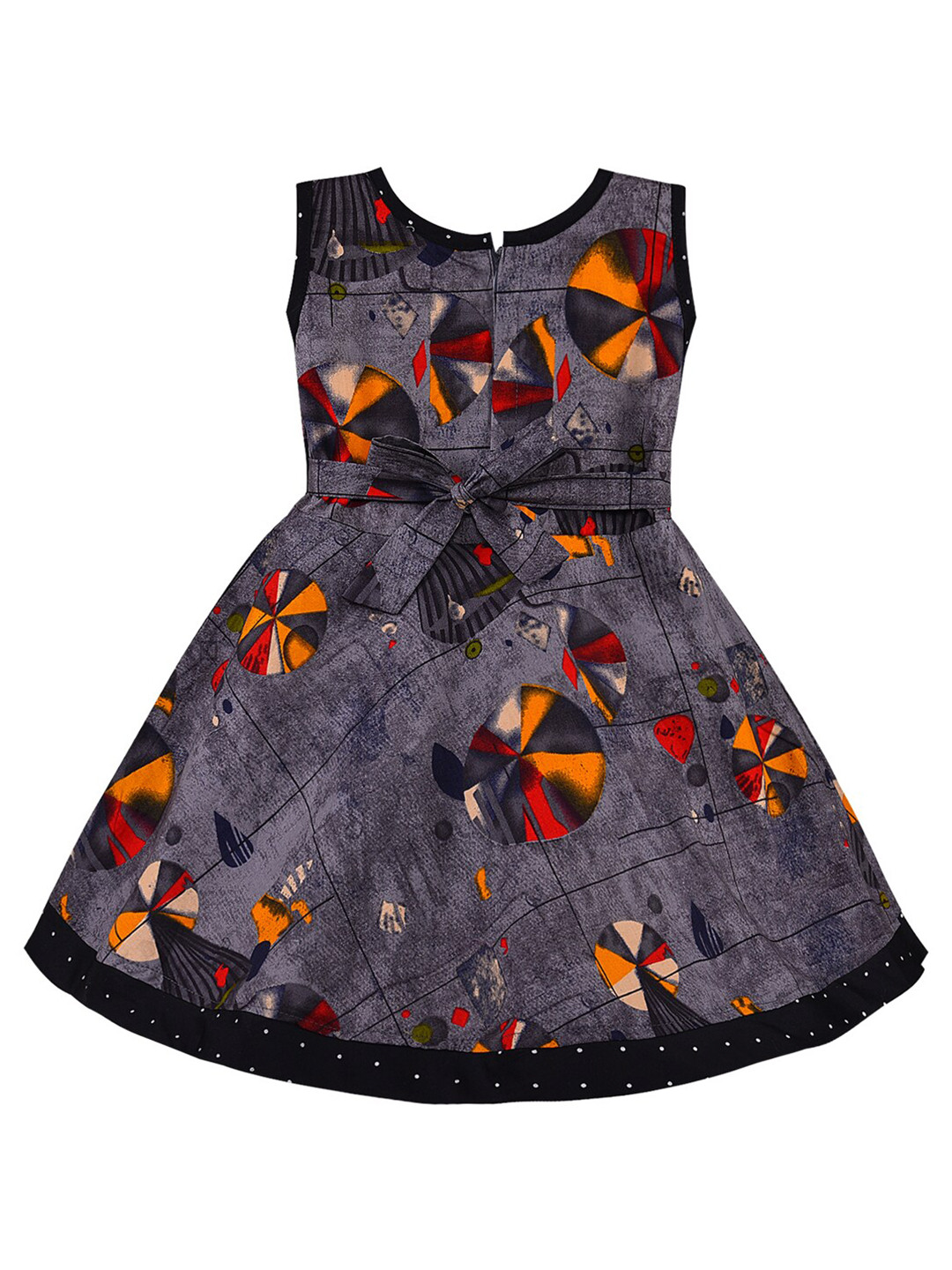 Wish Karo Grey Geometric Printed Fit & Flare Dress with Bow