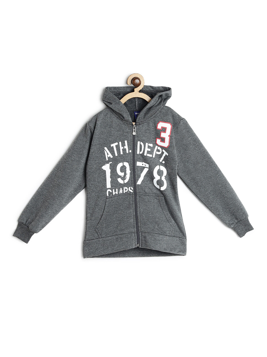 SWEET ANGEL Boys Charcoal Grey Typography Printed Hooded Fleece Front-Open Sweatshirt