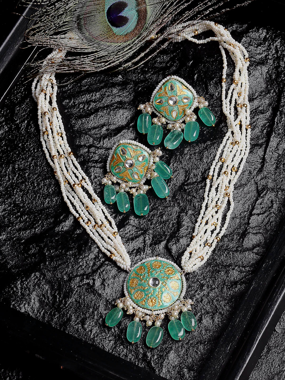 DUGRISTYLE Women Gold-Plated White & Green Enamelled Meenakari Beaded Pearls and Natural stone-Studded Jewellery Set