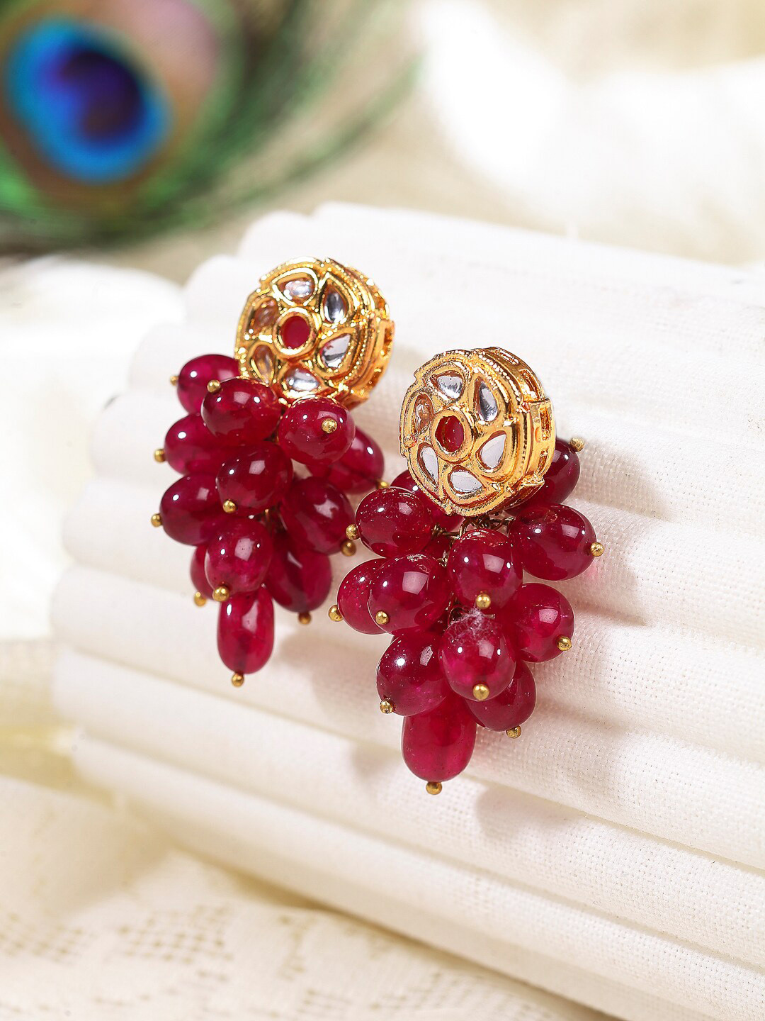DUGRISTYLE Red & Gold-Toned Floral Drop Earrings