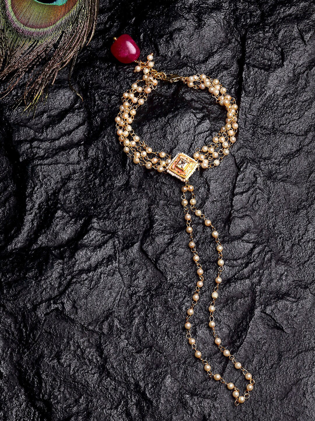DUGRISTYLE Gold-Toned & Red Brass Kundan Handcrafted Gold-Plated Multistrand Bracelet