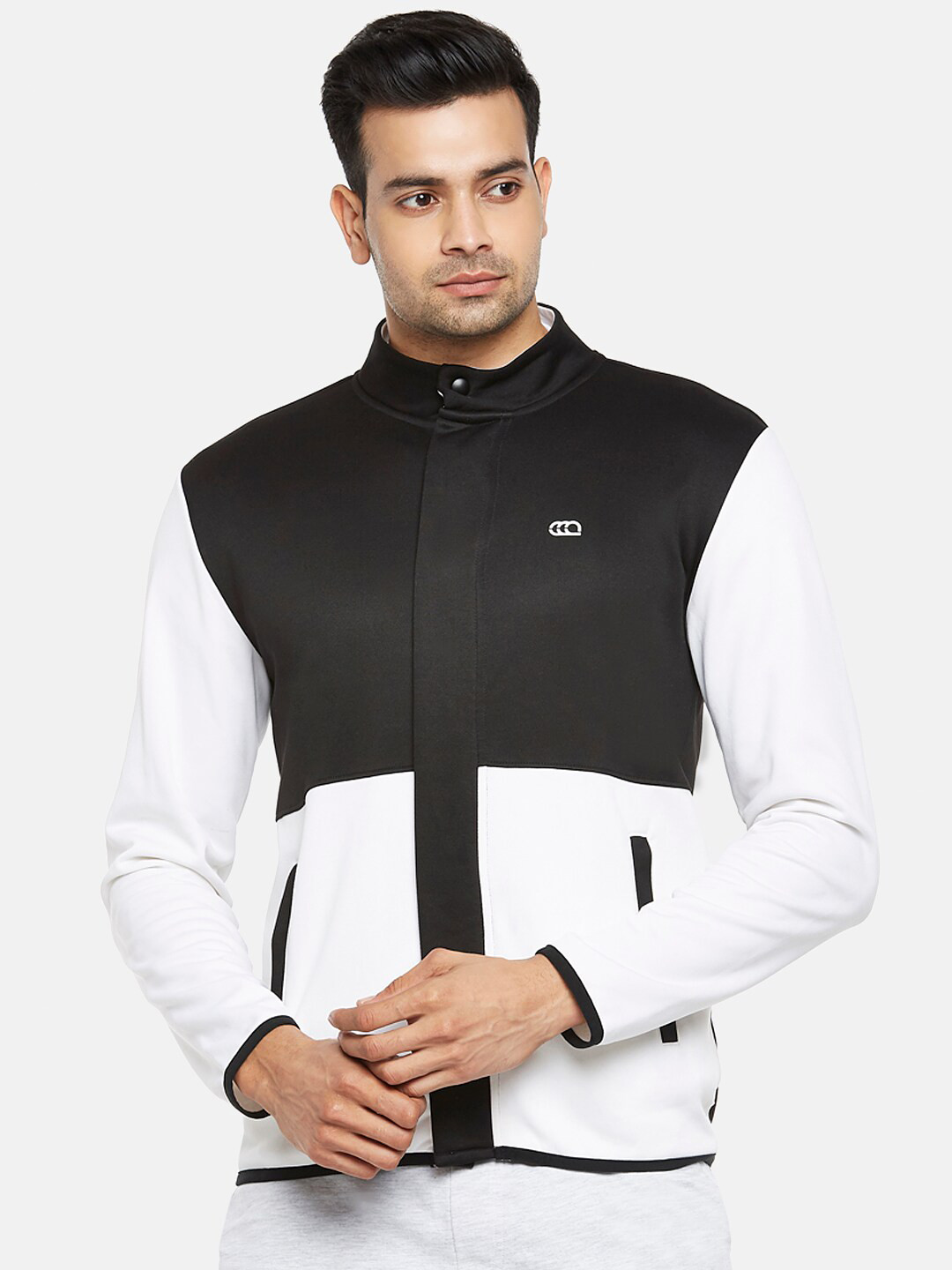 Ajile by Pantaloons Men White & Black Colourblocked Front-Open Sweatshirt