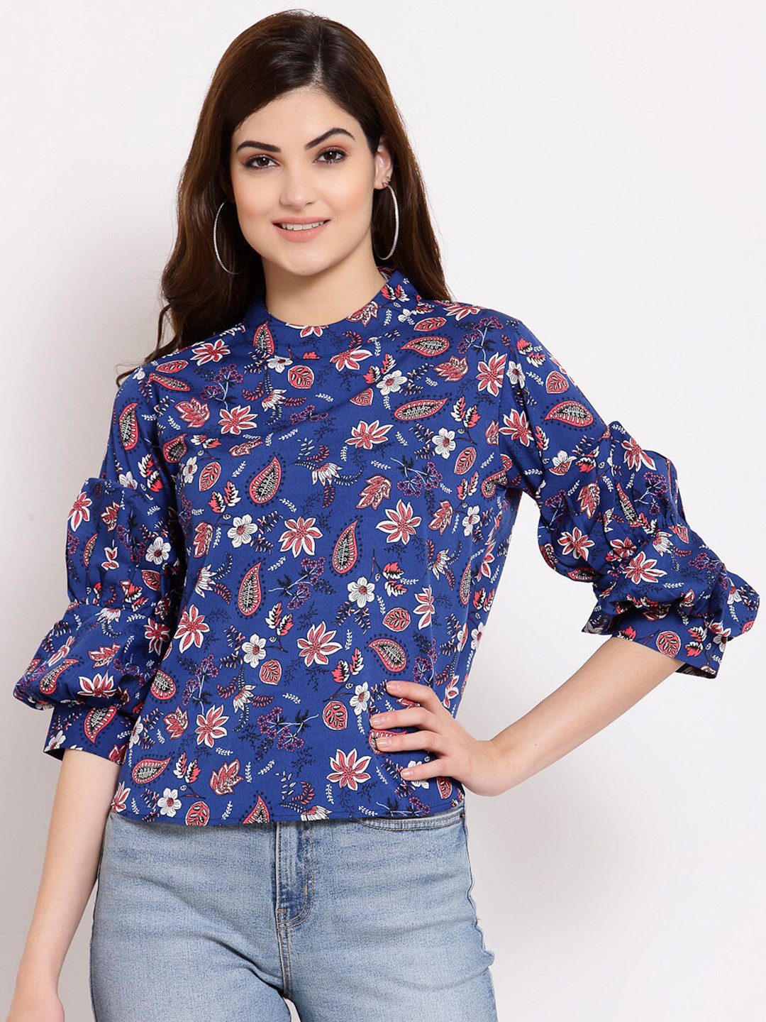 Style Quotient Blue & surf the web Floral Crepe Shirt Style Top