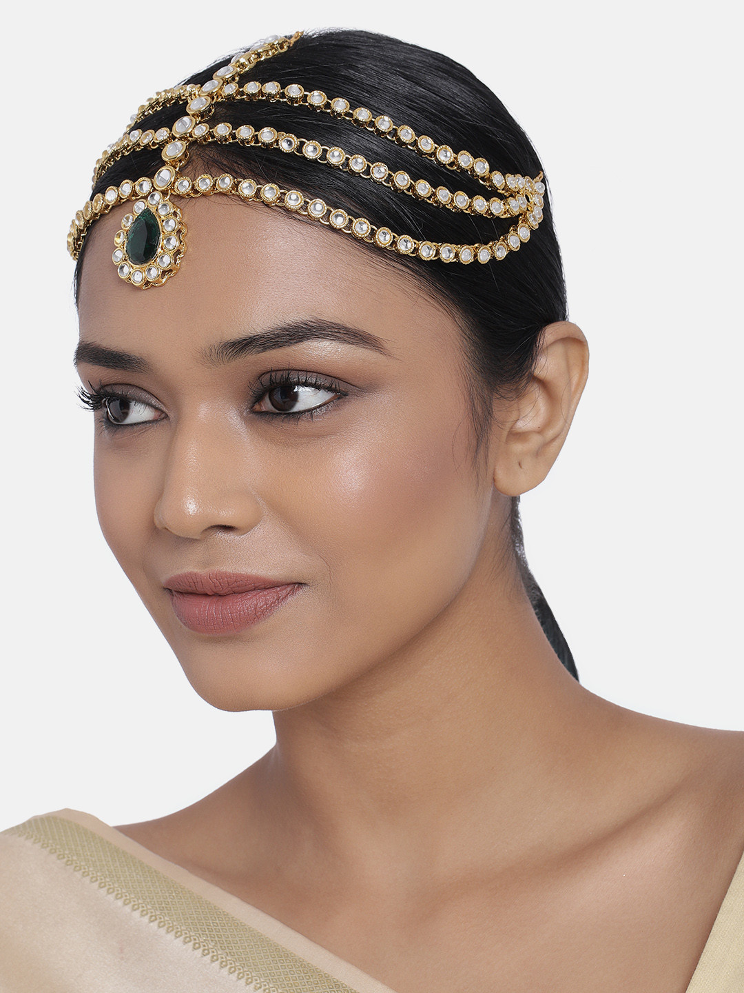 Peora Women Gold Plated & Green Kundan Layered Studded Matha Patti
