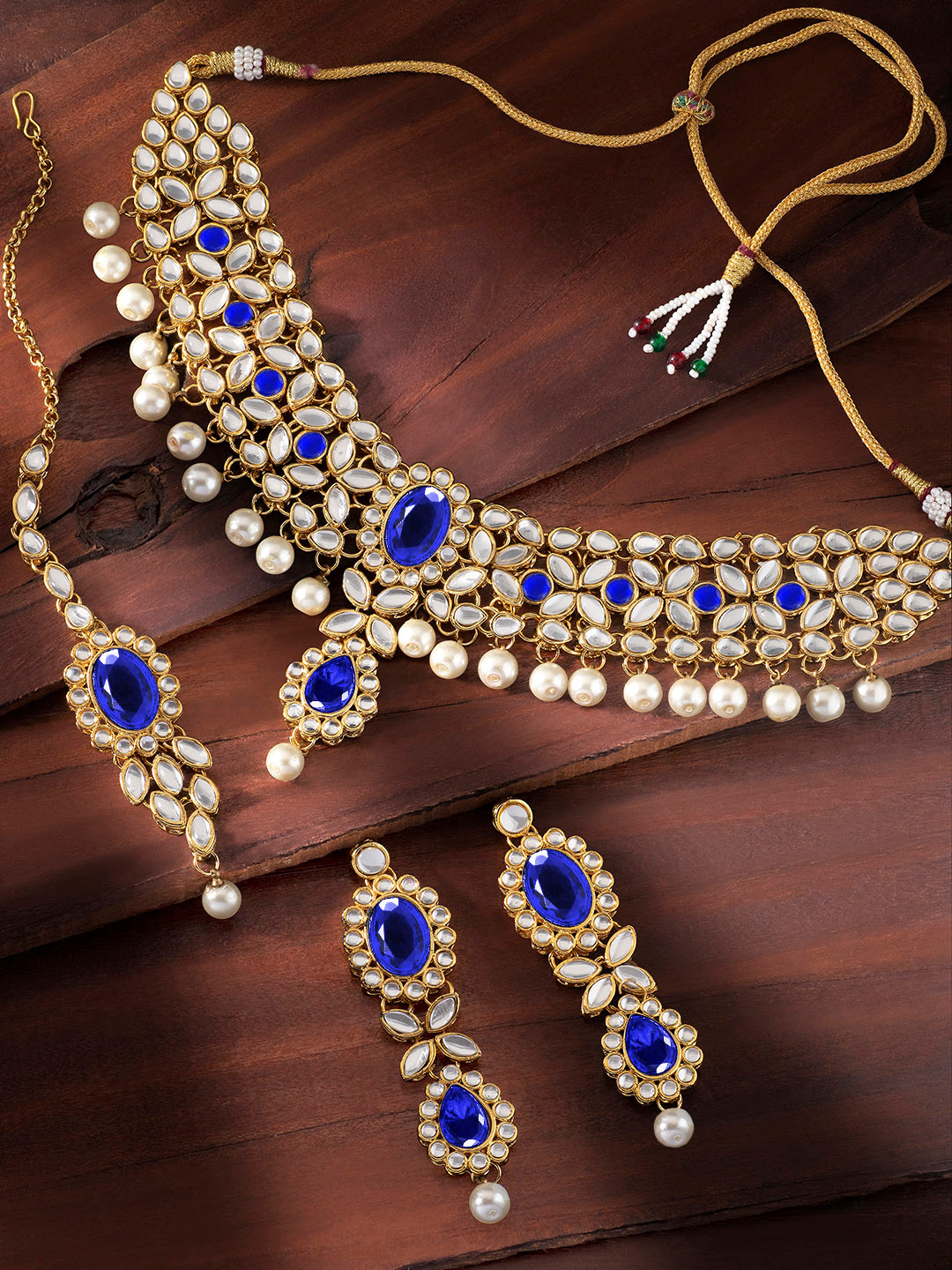 Peora Blue & White Gold-Plated and Pearl Kundan Jewellery Set