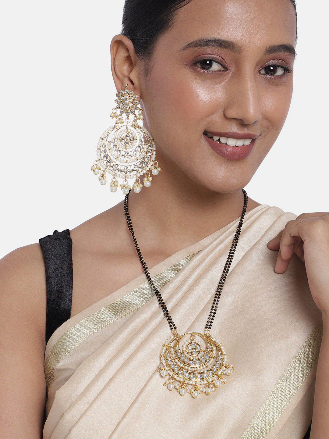 Peora Gold Plated & Black Kundan Beaded Mangalsutra  with Earrings