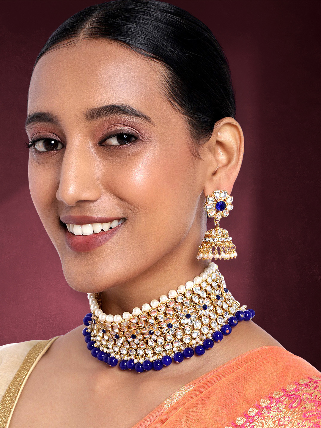 Peora Blue & White Gold-Plated Kundan Jewellery Set