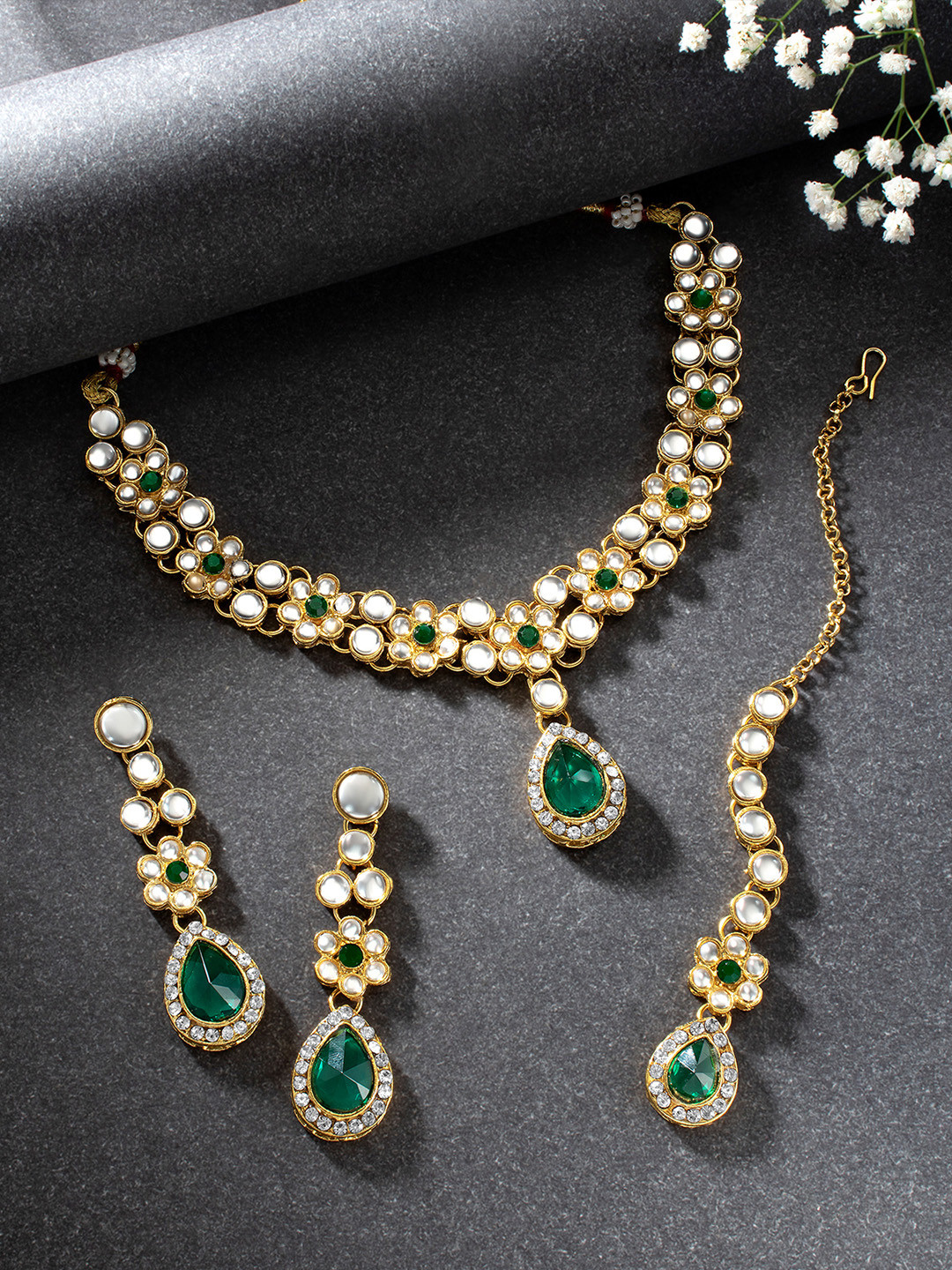 Peora Green & White Gold-Plated Kundan Crystal Jewellery Set