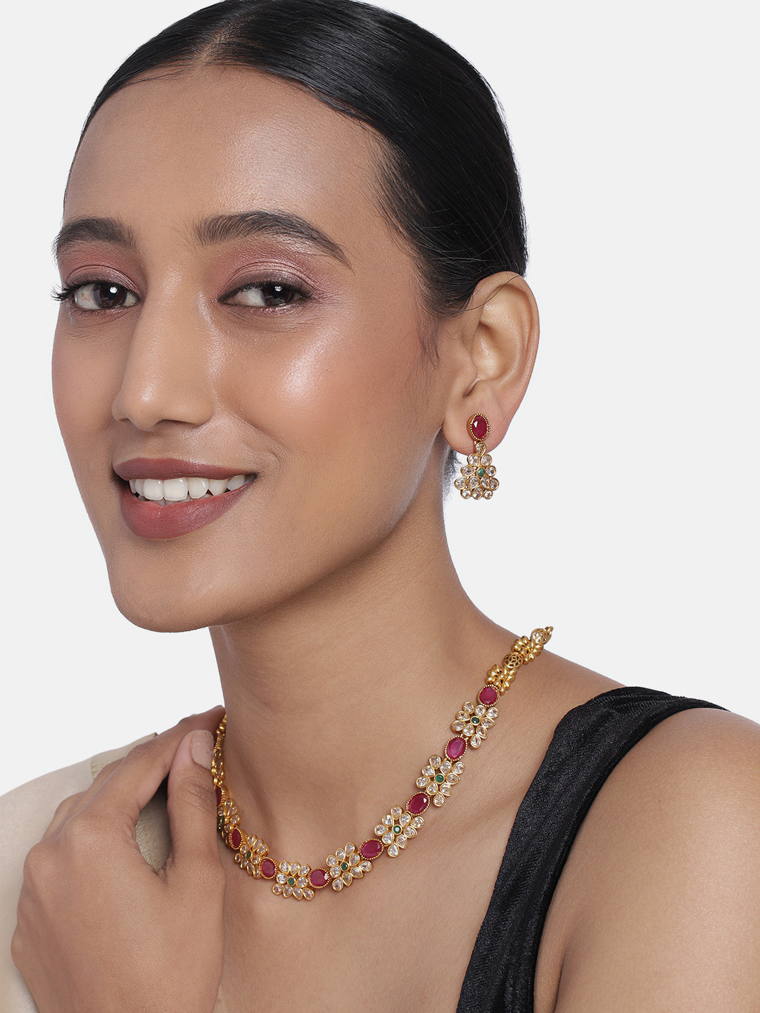 Peora Matte Gold Finish Red & Green Traditional Jewellery Set