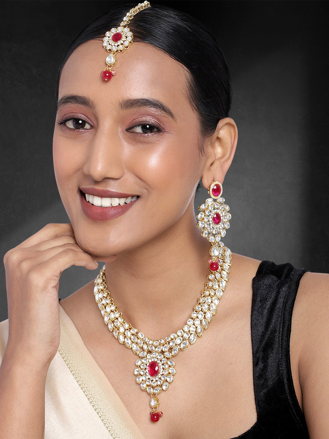 Peora Magenta Gold-Plated Kundan Pearl Beaded Jewellery Set