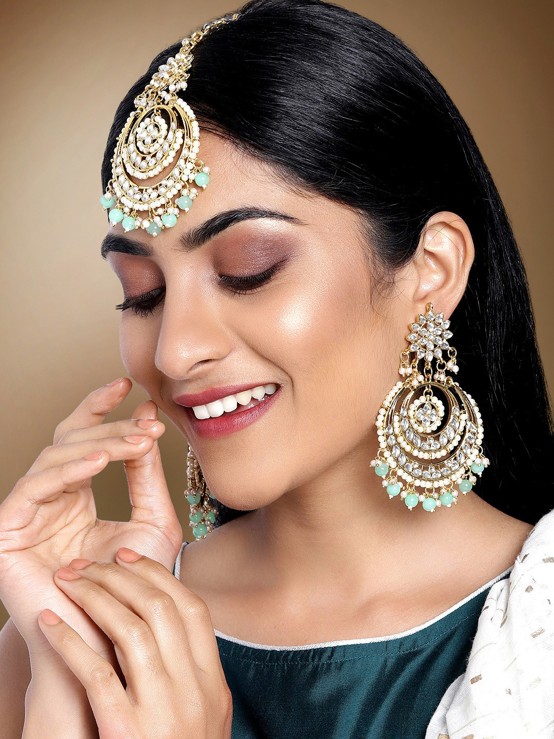 Peora Sea Green Gold Plated Kundan & Pearl Chandbali Earring & Maang Tika