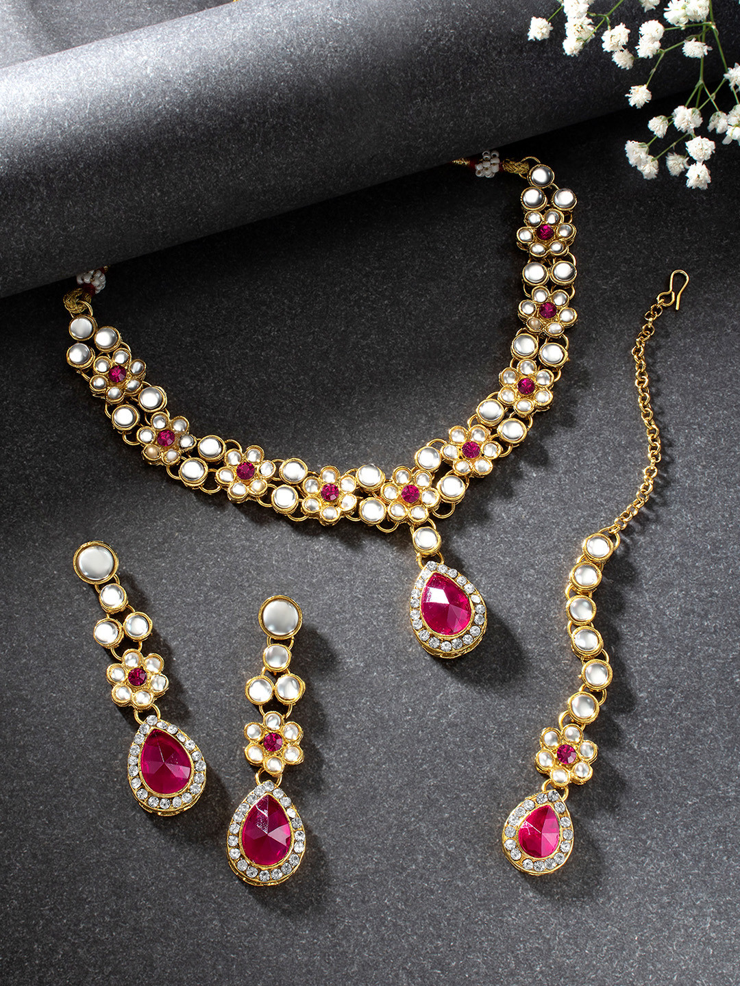 Peora Magenta & White Gold-Plated Kundan Crystal Jewellery Set