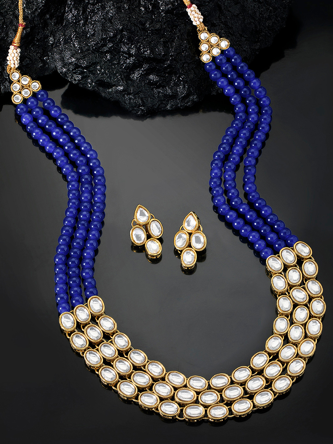 Peora Blue & White Gold-Plated Kundan Long Layered Jewellery Set