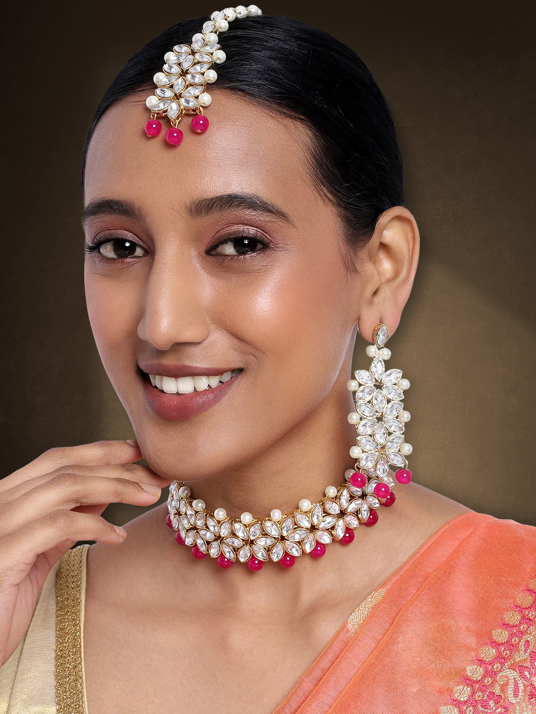 Peora White & Magenta Gold-Plated Kundan & Crystals Bridal Jewellery Set