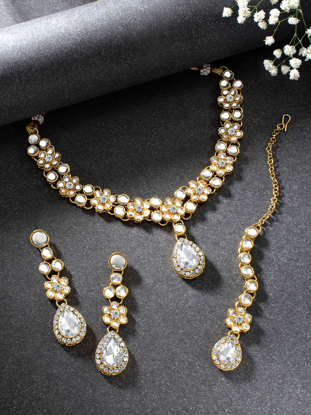 Peora White Gold-Plated Kundan & Crystals Jewellery Set