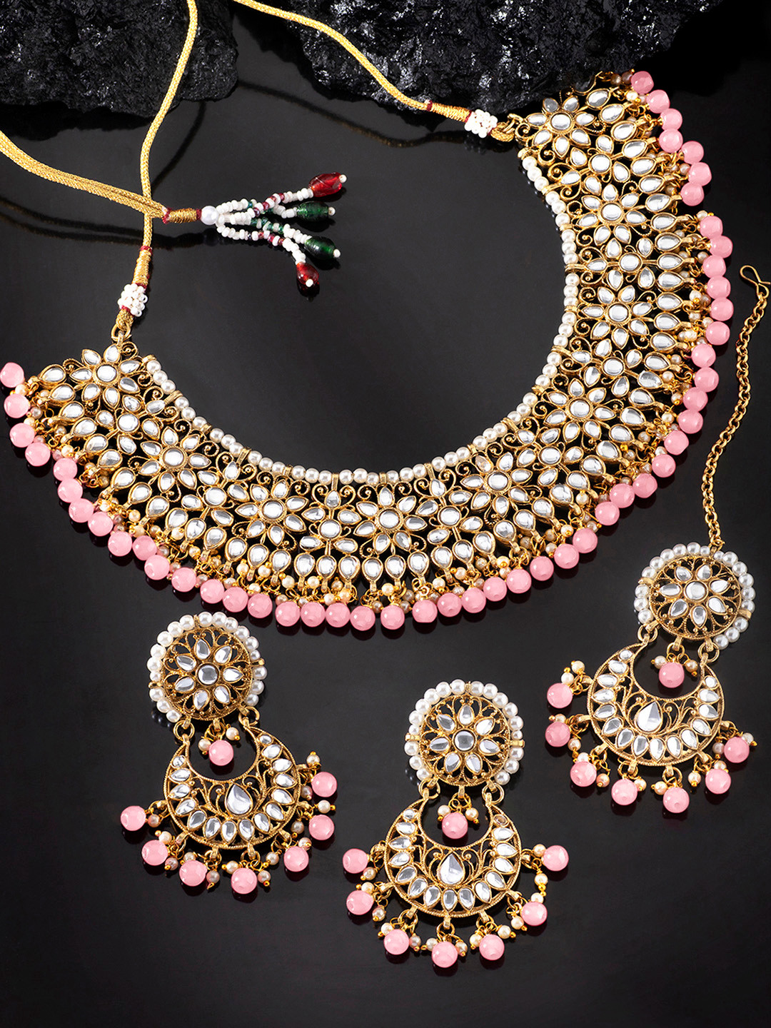 Peora Pink & White Gold-Plated Kundan Jewellery Set