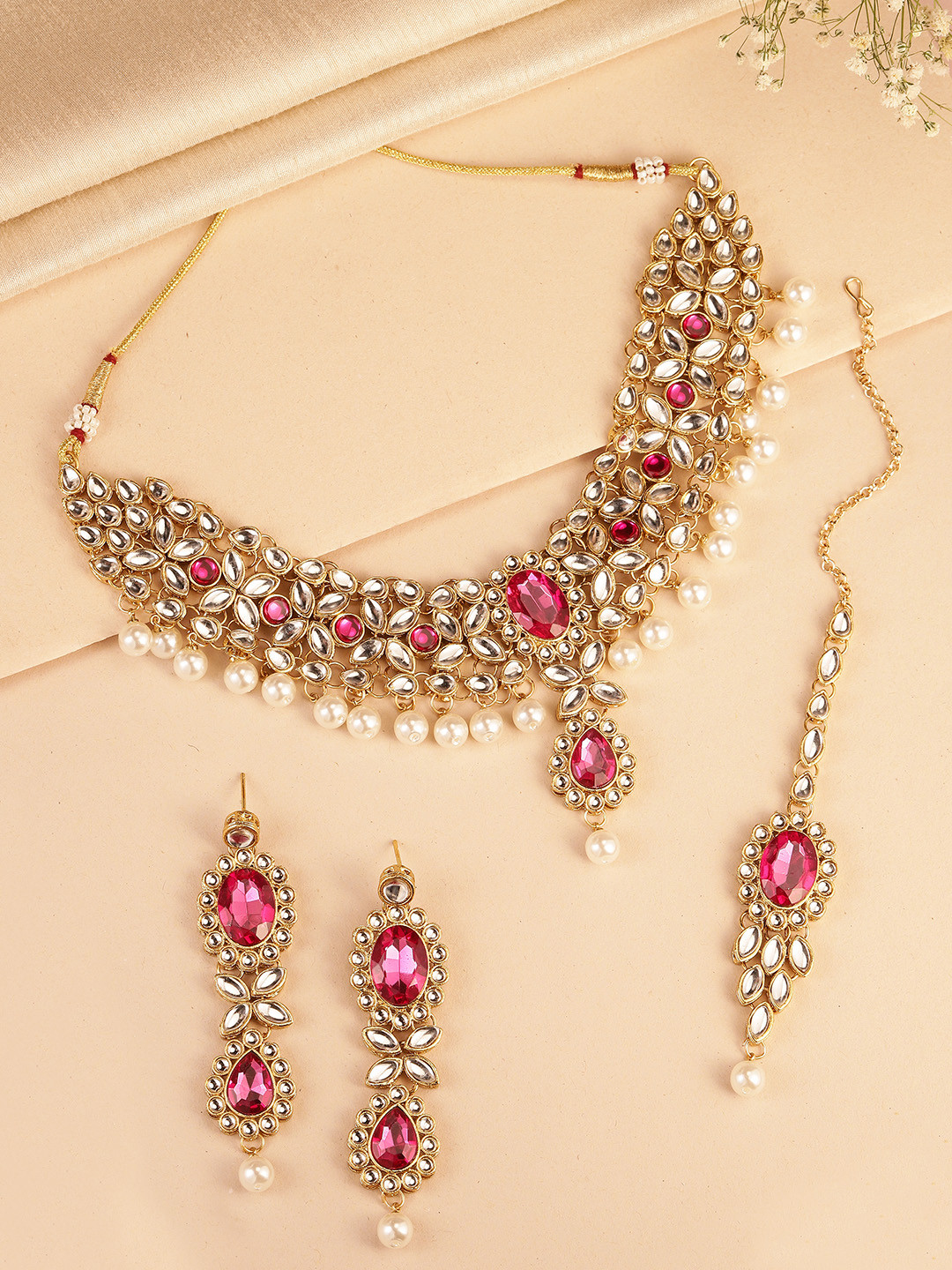 Peora Magenta & White Gold-Plated and Pearl Kundan Jewellery Set