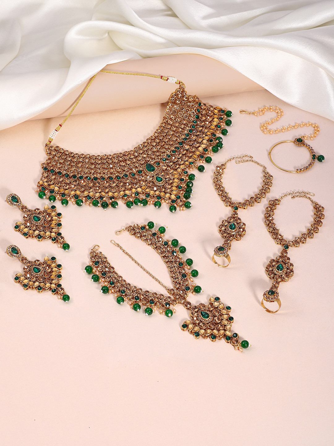 Peora Champagne & Green Gold-Plated Crystals Embellished Bridal Jewellery Set