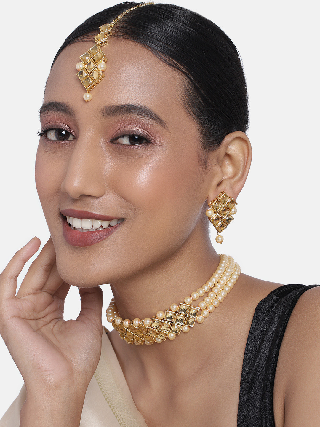Peora Champagne Gold Plated Kundan Pearl Jewellery Set