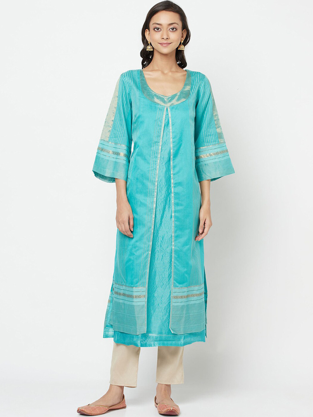 Fabindia Women Teal Ethnic Motifs Printed Flared Sleeves Anarkali Kurta