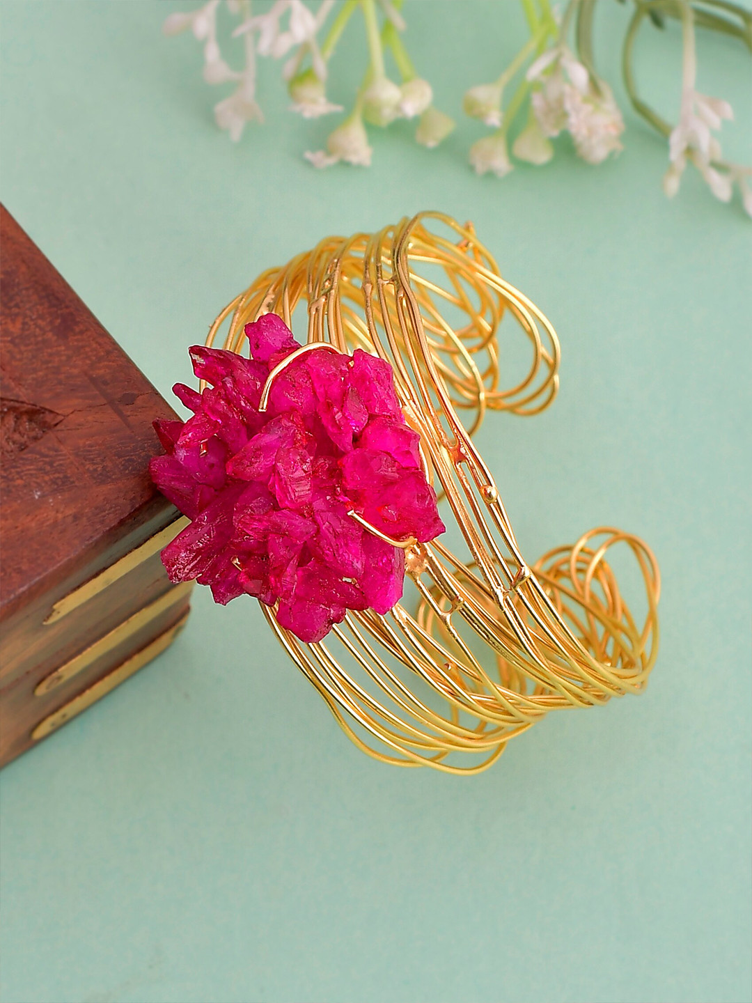 Silvermerc Designs Women Gold-Toned & Pink Agate Studded Cuff Bracelet