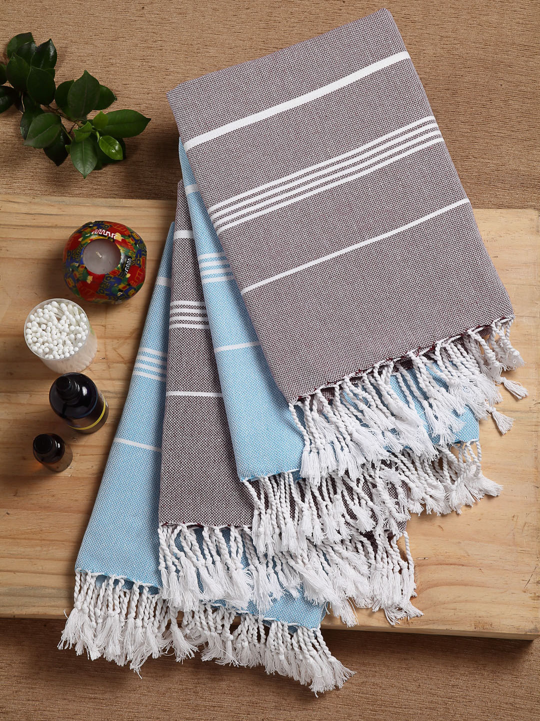KLOTTHE Blue Striped Cotton 210GSM Super Soft 4PCs Adult Regular Bath Towel-59x30In