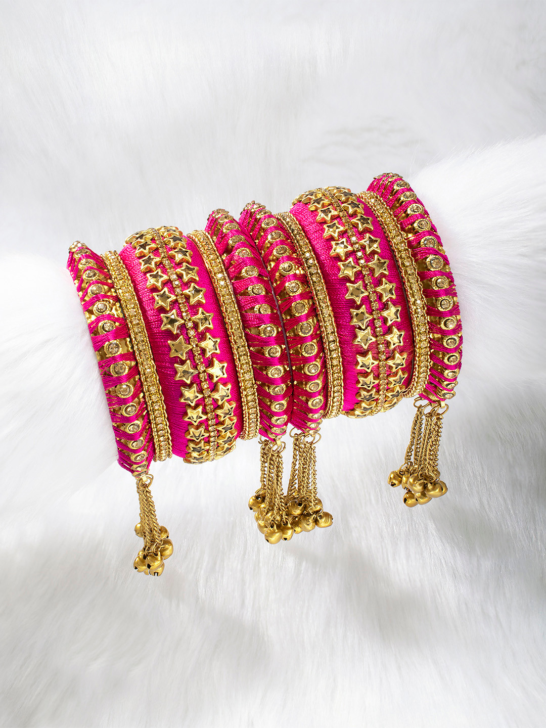 Peora Set of 10 Magenta Pink Handcrafted Silk Thread Kundan Star Studded Chuda Bangles