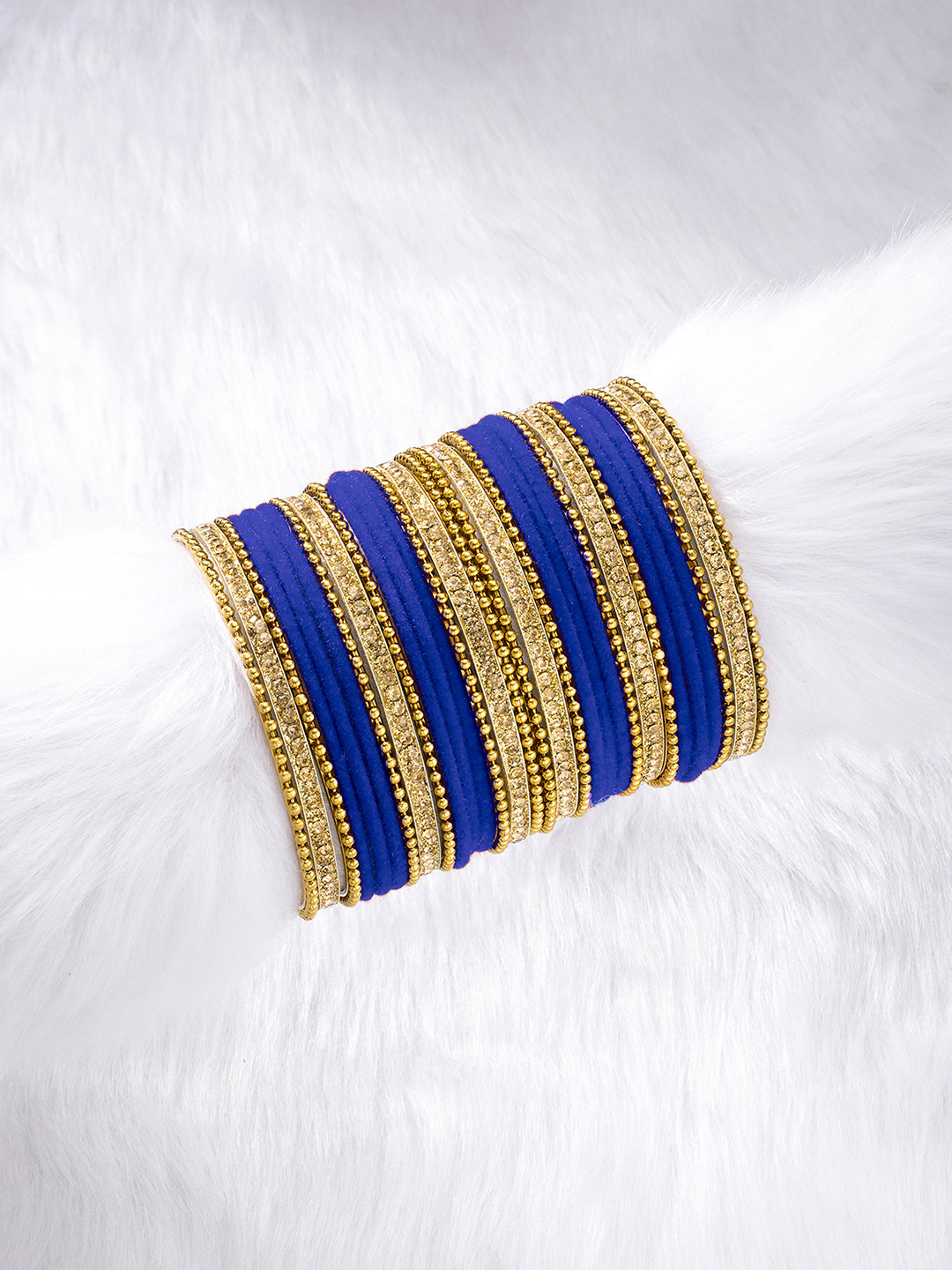 Peora Set of 30 Blue Gold Plated Velvet Chuda Bangles