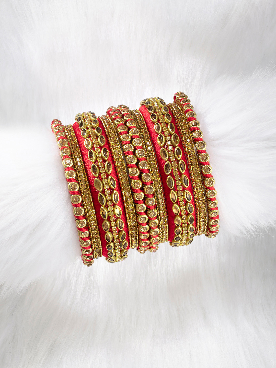 Peora Set of 10 Maroon Gold Plated Silk Thread Kundan Studded Chuda Bangles