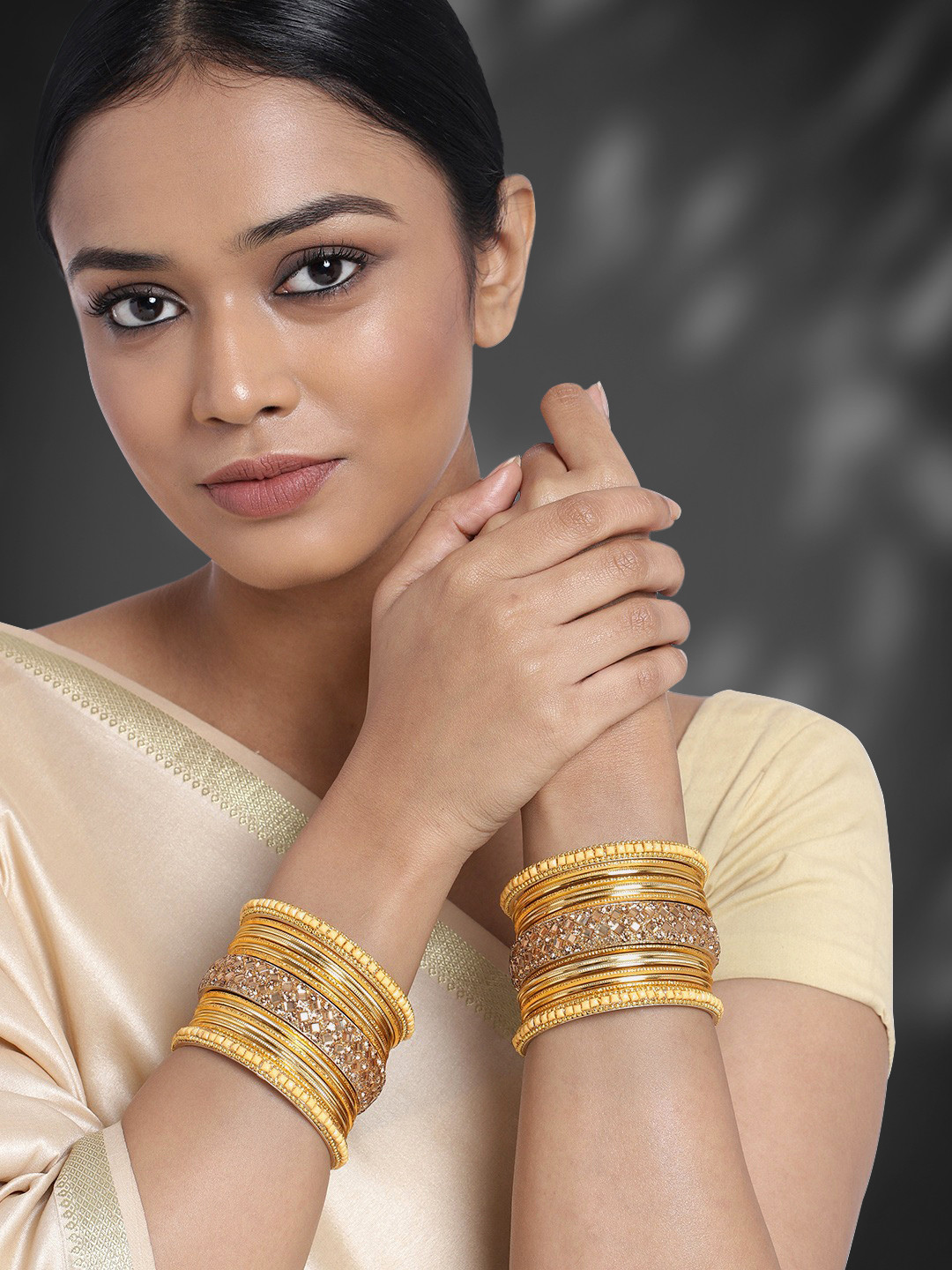 Peora Set of 30 Cream-Coloured Gold Plated Bridal Chuda Bangles