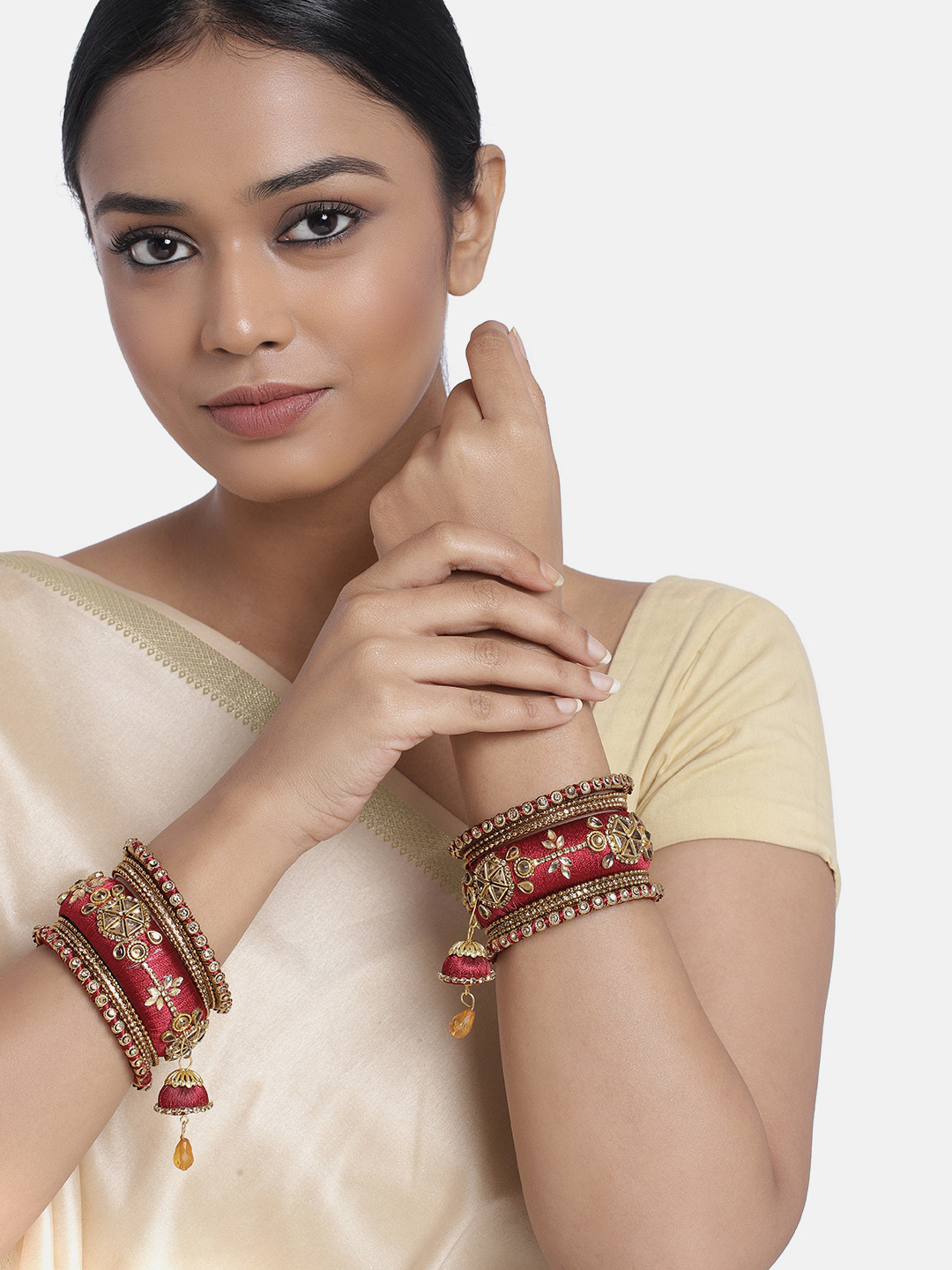 Peora Set of 10 Maroon Handcrafted Silk Thread Hanging Jhumka Chuda Bangles