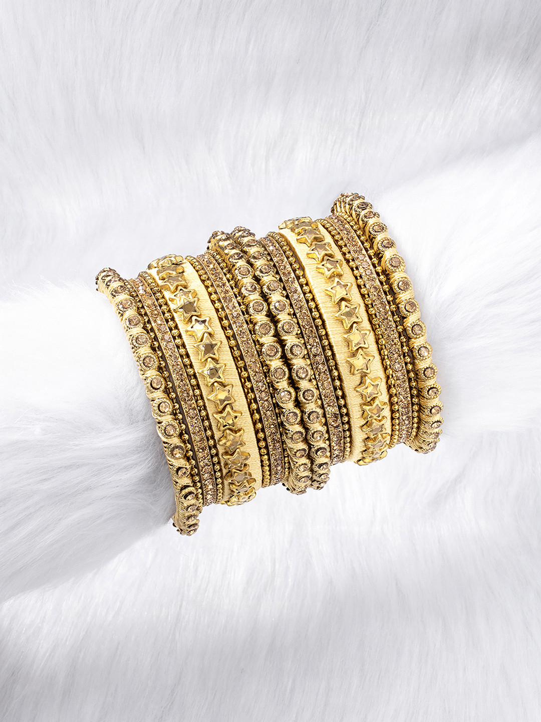 Peora Set of 16 Cream-Coloured Handcrafted Silk Thread Kundan Studded Chuda Bangles