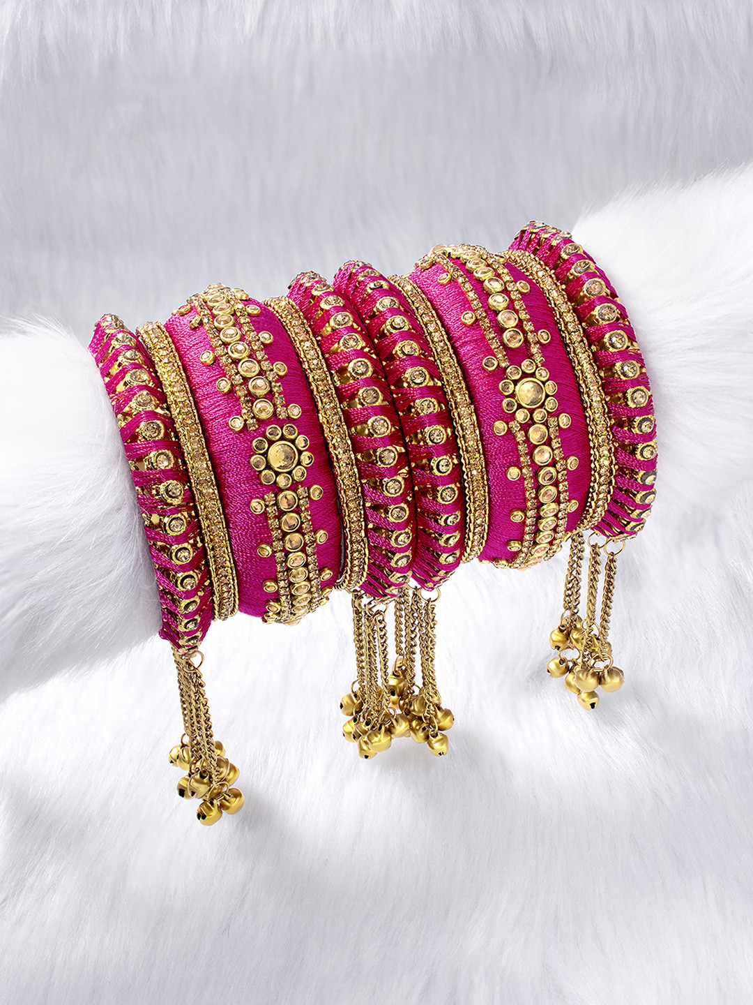 Peora Set of 10 Magenta Pink Handcrafted Silk Thread Kundan Floral Studded Chuda Bangles