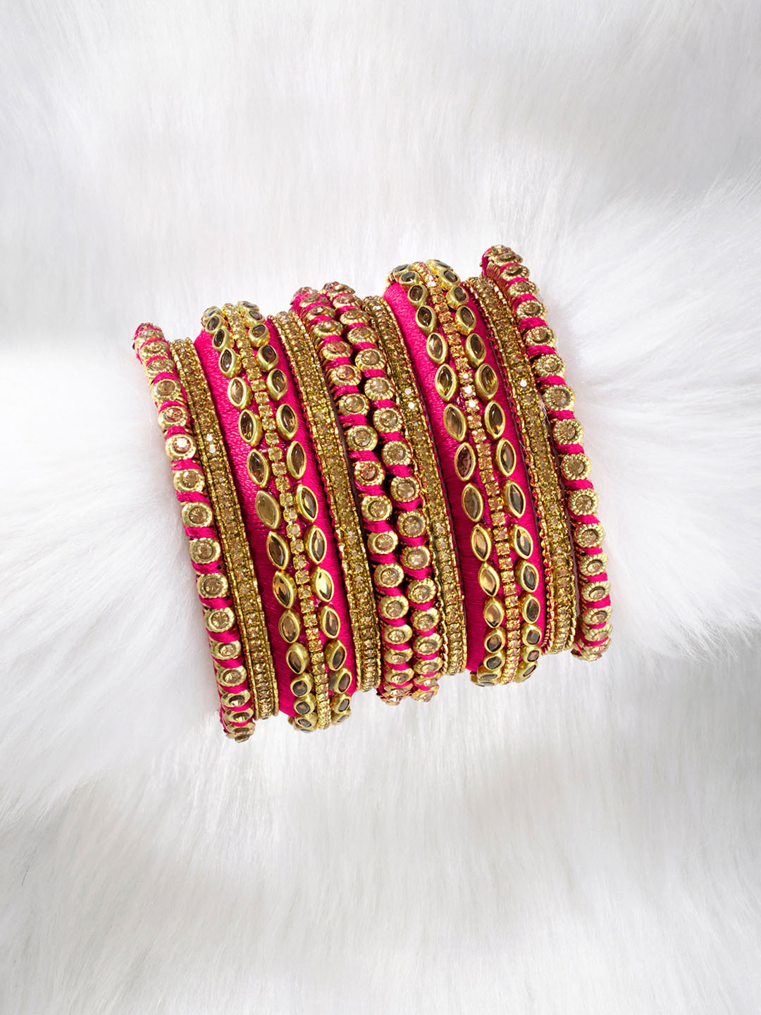 Peora Set of 10 Magenta Pink Handcrafted Silk Thread Kundan Studded Chuda Bangles