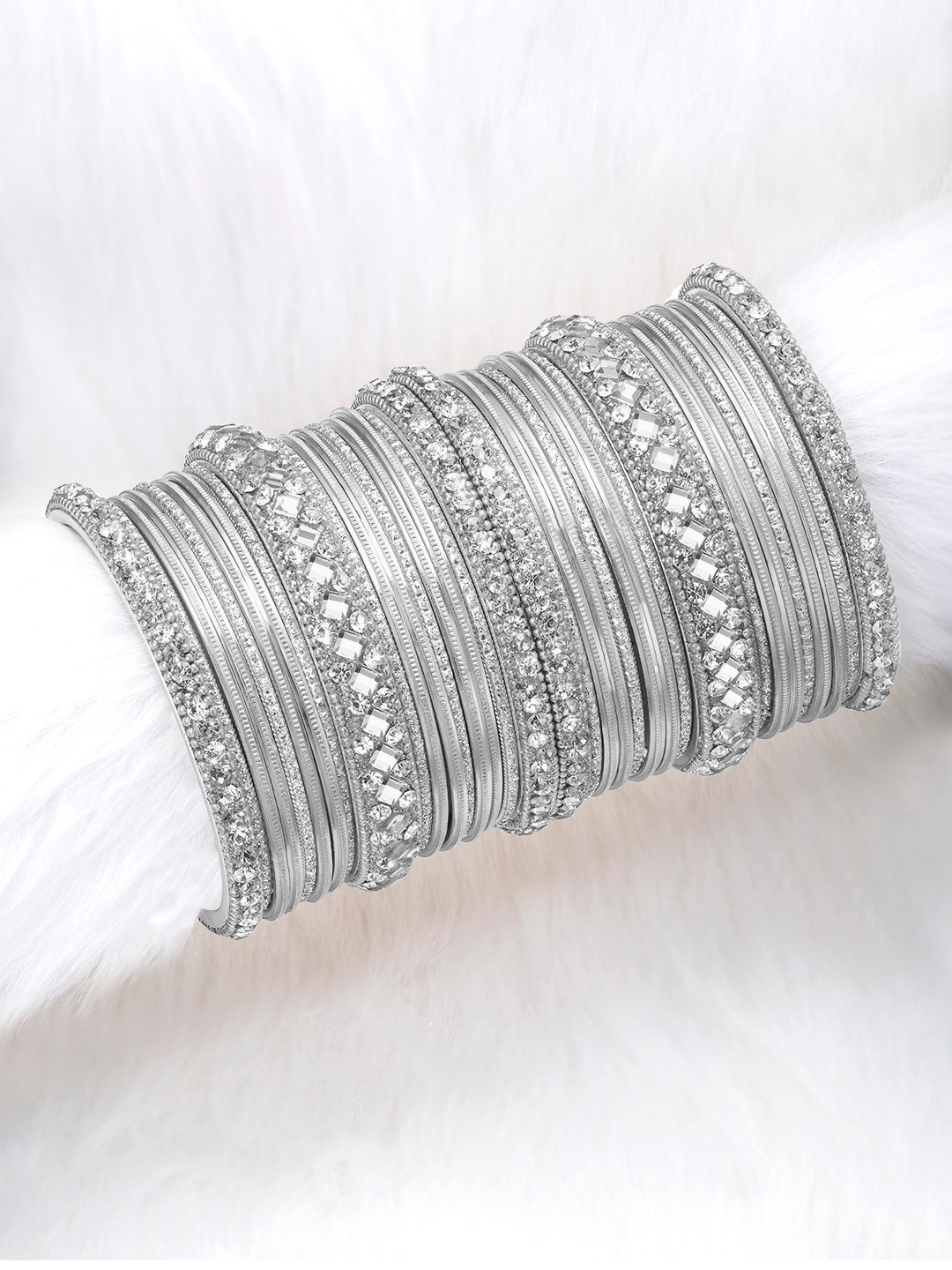 Peora Set of 34 Silver Plated Diamond Metal Chuda Bangles