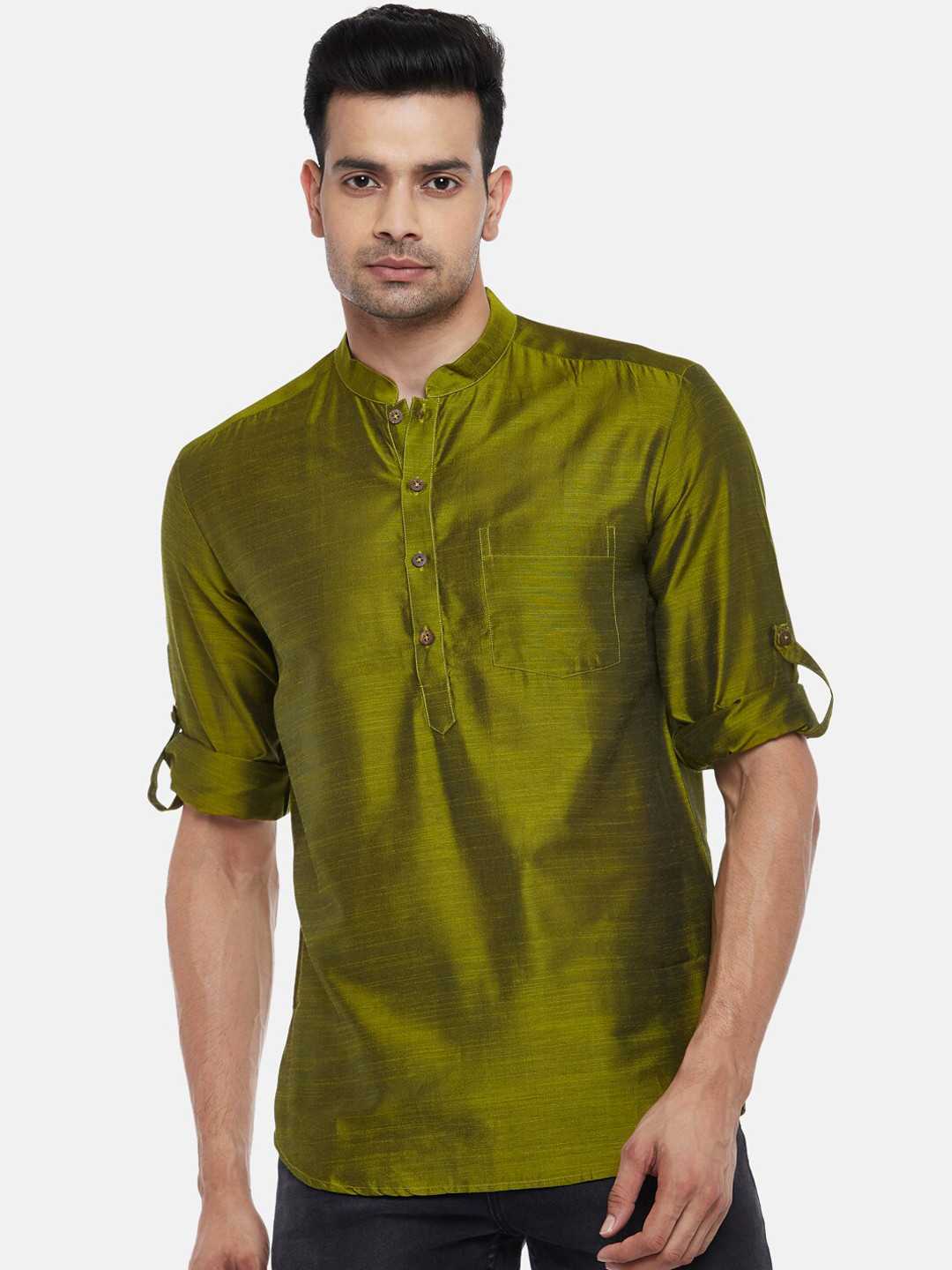 indus route by Pantaloons Men Olive Green Thread Work Kurta