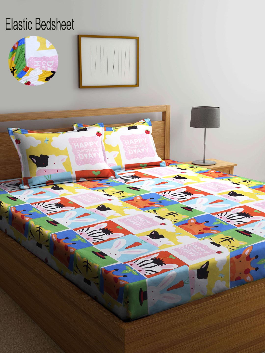 KLOTTHE Yellow Animal Cotton 210 TC Fitted King Fine 2 Bedsheet with 2 Pillow Covers-98 x 87 inches