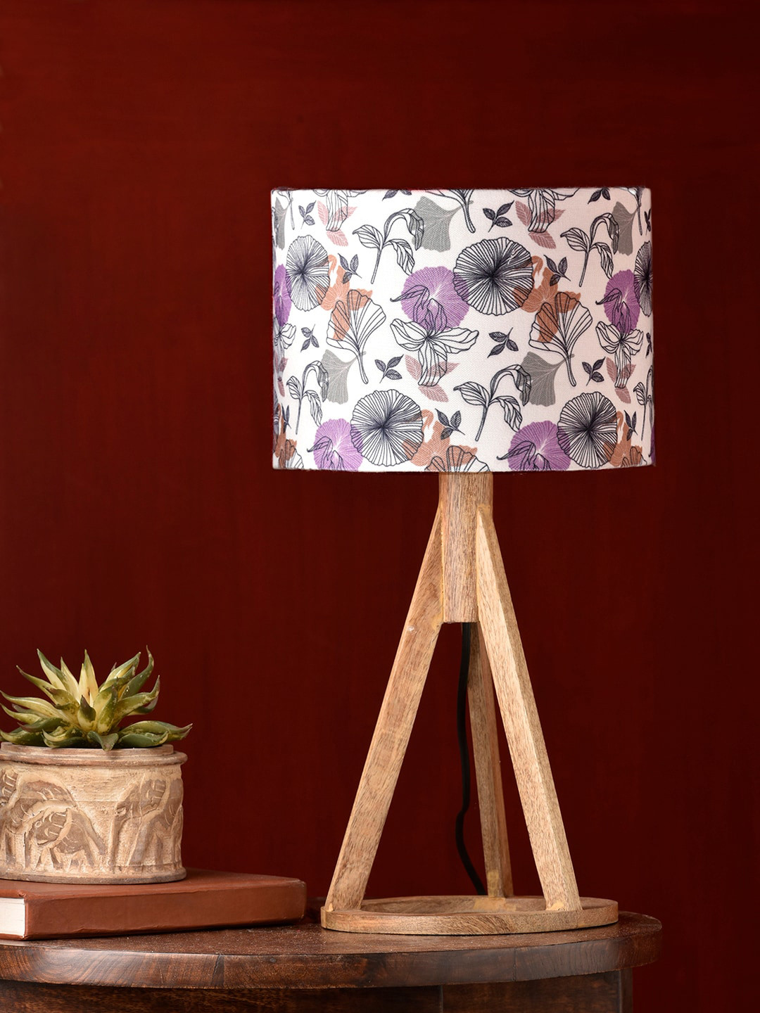 green girgit Brown & White Floral Print Gardenia Trio Wooden Table Lamp