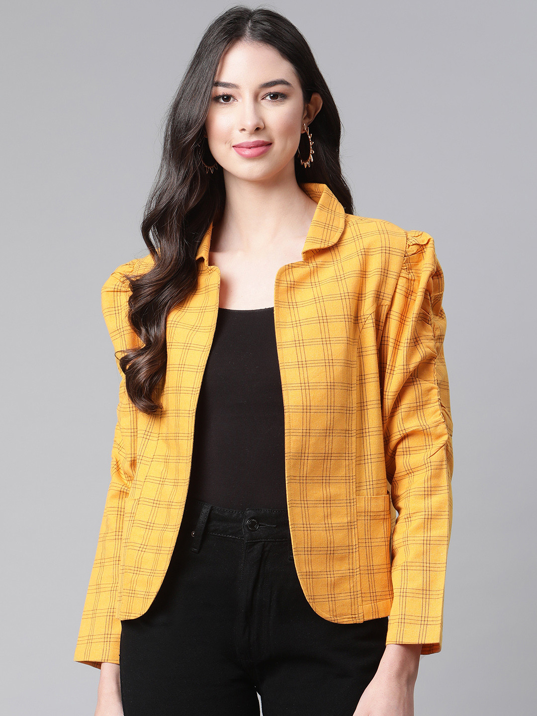 Cottinfab Women Mustard Black Checked Open Front Jacket