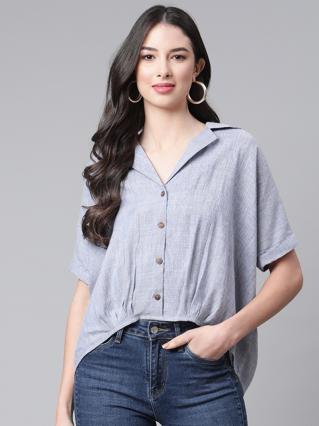 Cottinfab Women Blue Opaque Casual Shirt