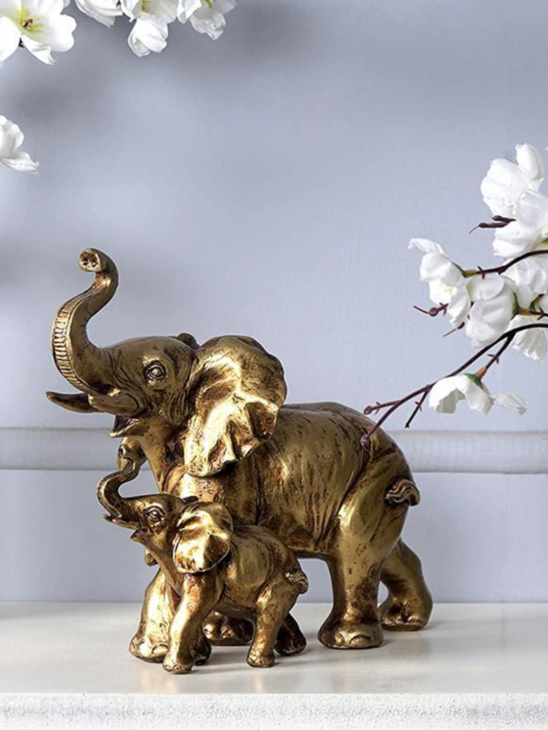 THE ARTMENT Mom and Baby Elephant Gold Polyresin Metallic Living Room Set of 2 Small Showpieces - 8 Inches