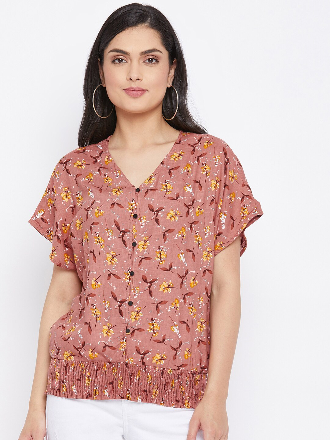 Crimsoune Club Peach-Coloured & Black Floral Extended Sleeves Shirt Style Top