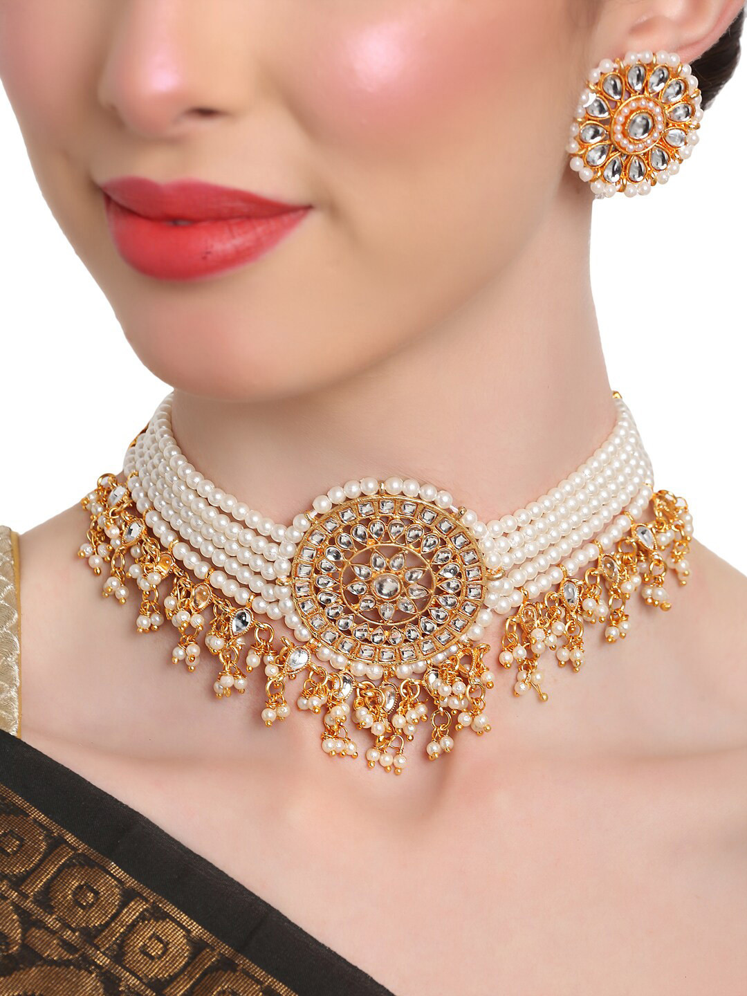 Shining Diva White Gold Plated Kundan & Pearl Studded Jewellery Set