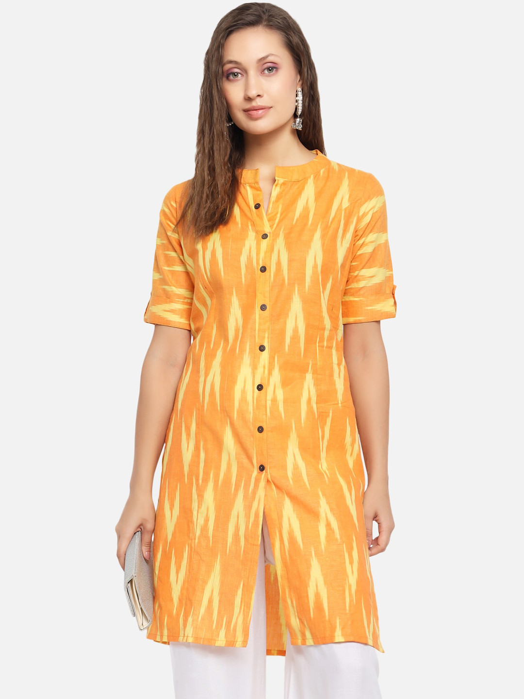 Vastraa Fusion Women Orange Ikkat Printed Pathani Kurta