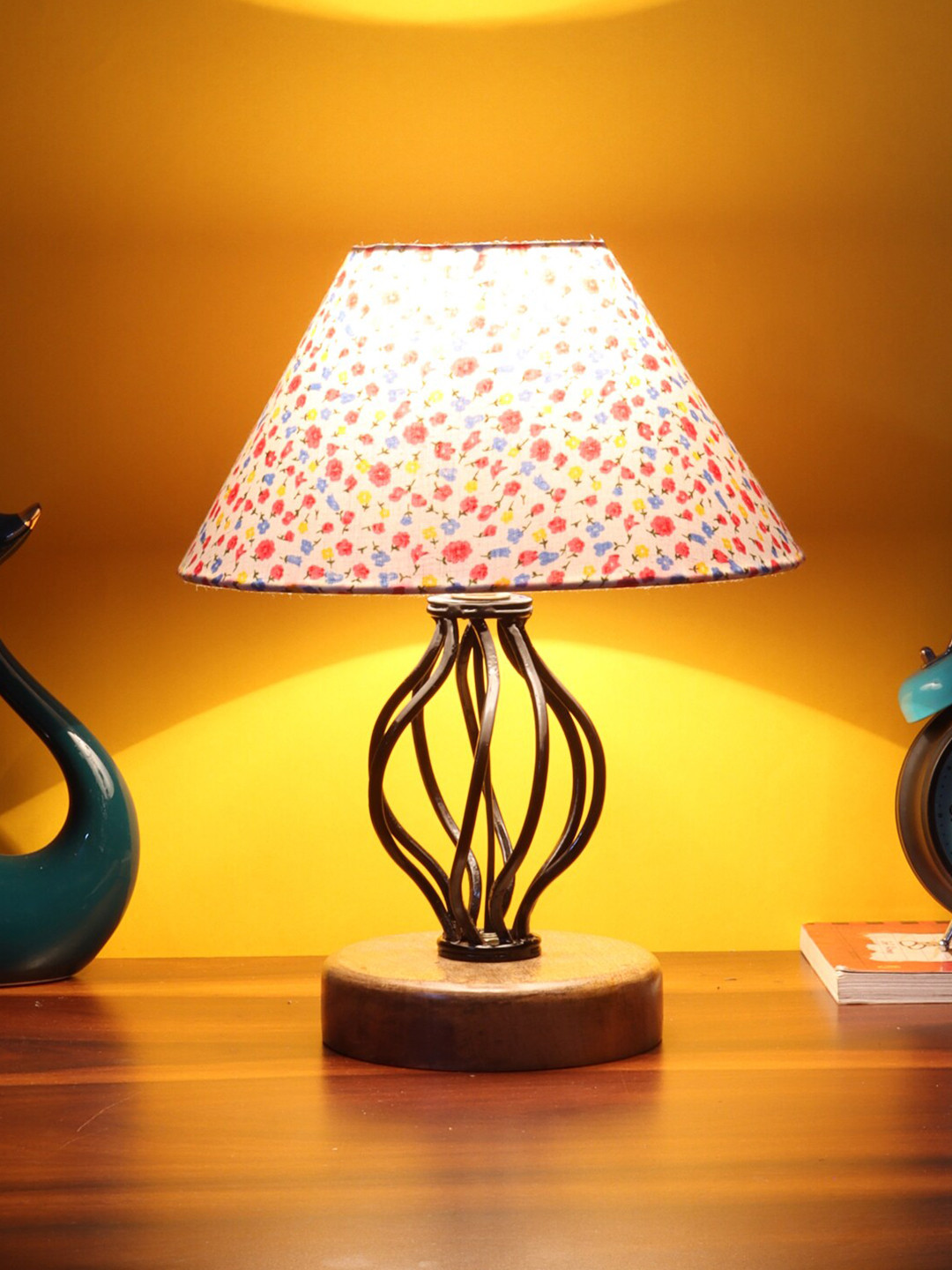 Devansh White & Magenta Printed Cotton Table lamp with Wood & Iron Base