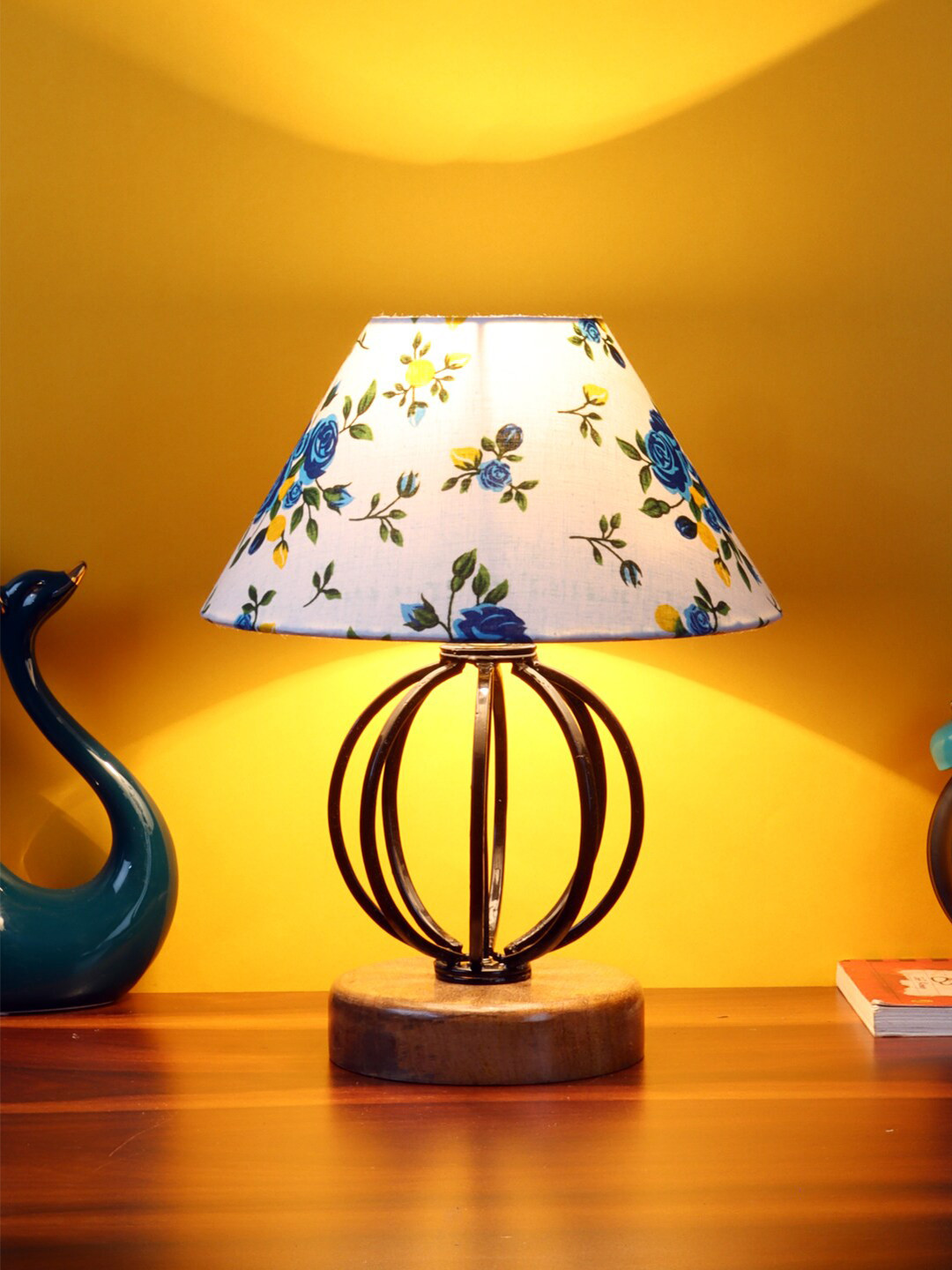 Devansh White & Blue Cotton Table Lamp With Wood & Iron Base