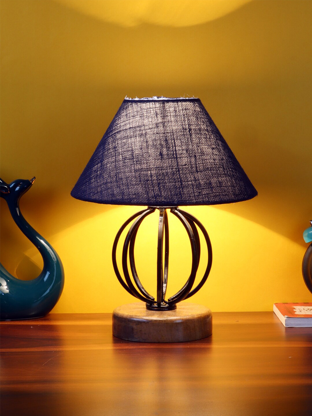 Devansh Blue Jute Table Lamp With Wood & Iron Base