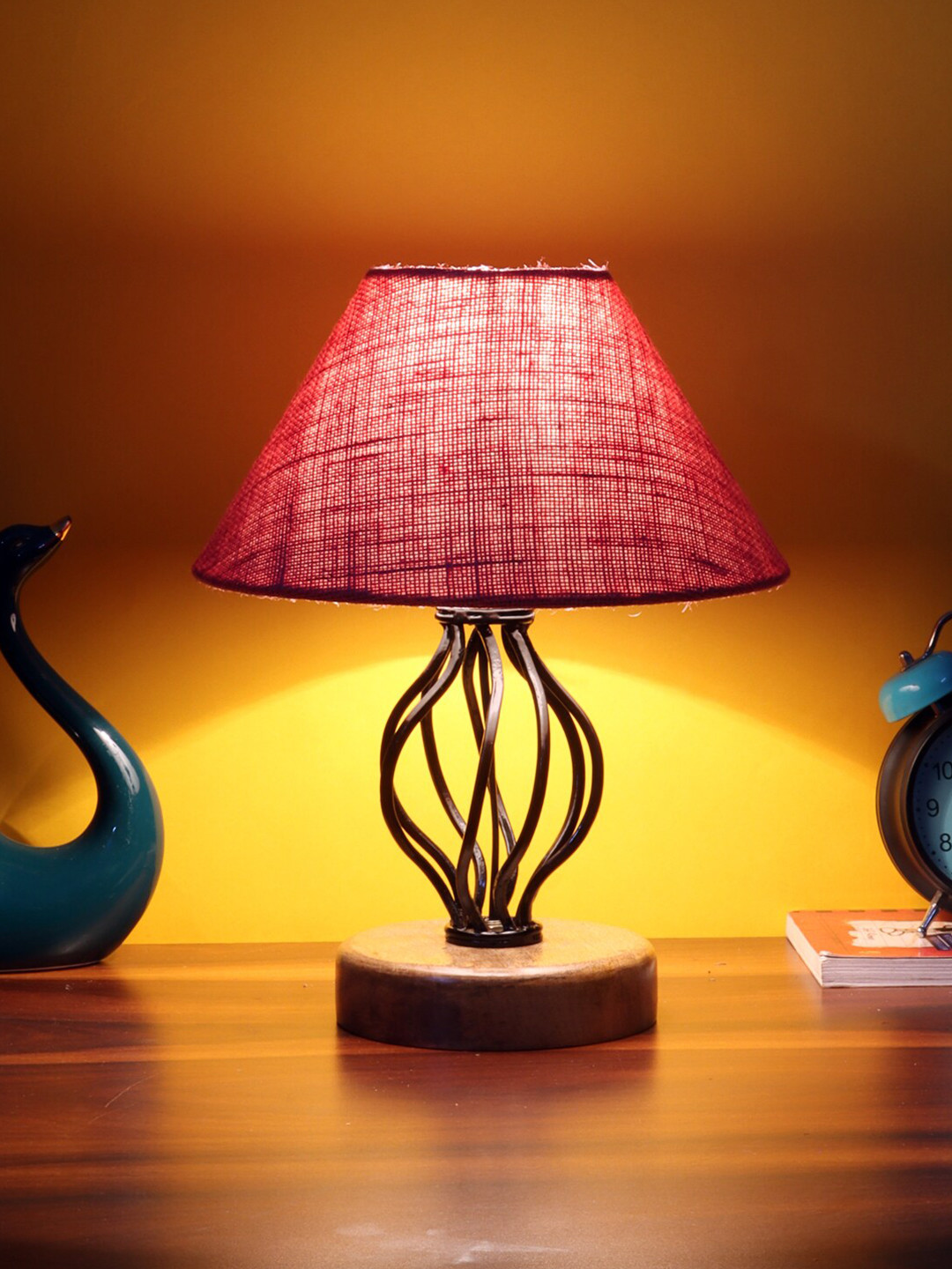 Devansh Pink Jute Table Lamp With Wood & Iron Base